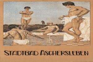 Plakat wirbt für ein Schwimmbad in Aschersleben, Deutschland, zeigt Menschen im Wasser mit einer Person sitzend und Text mit Pool-Informationen.