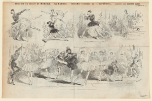 Ein Buchseiten-Bild mit einer lebendigen Zeichnung einer Gruppe von Menschen, die im Einklang tanzen, mit begleitendem Text, der das Datum, die Uhrzeit und den Ort des Ereignisses angibt.