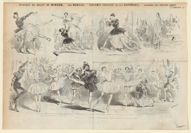 Ein Buchseiten-Bild mit einer lebendigen Zeichnung einer Gruppe von Menschen, die im Einklang tanzen, mit begleitendem Text, der das Datum, die Uhrzeit und den Ort des Ereignisses angibt.