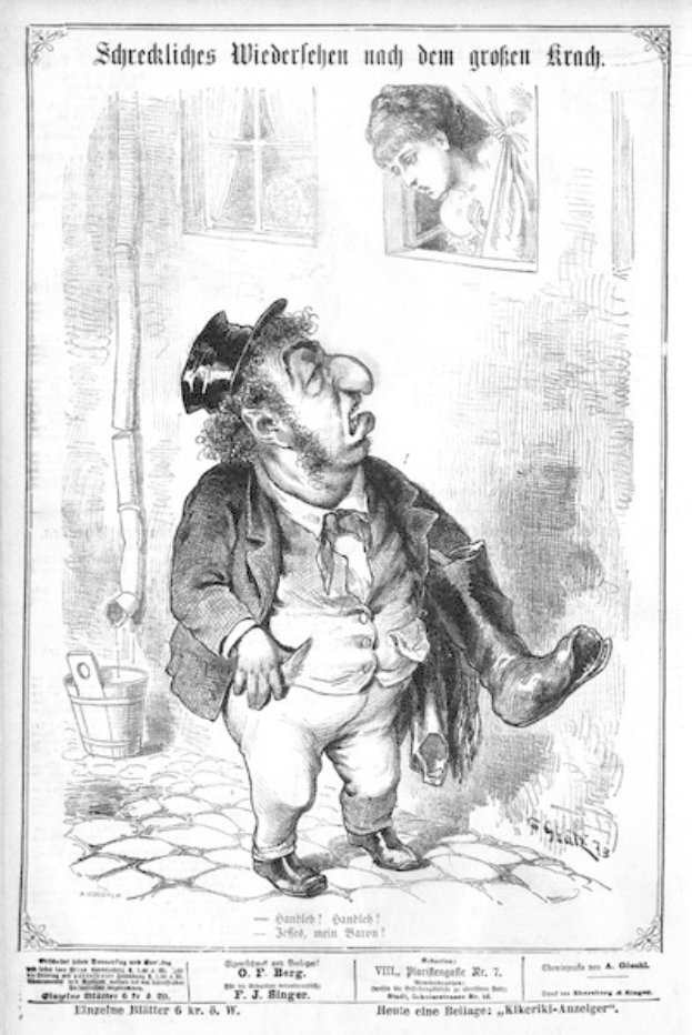 Cartoon-Illustration eines Mannes mit Zylinder und einer Frau in einem Kleid mit einer Wand, einem Fenster, einem Eimer und anderen Gegenständen im Hintergrund, mit Text unten lesbar "F. J. Singer, der erste deutsche Politiker, der in den Kongress gewählt wurde."