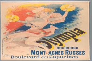 Ein Plakat, das die Olympischen Spiele in Mont-Agnes-Russes, Frankreich, ankündigt und eine Frau mit menschlichem Gesicht zeigt, die ein farbenfrohes Kleid trägt und einen Fächer hält, mit Text, der das Ereignis beschreibt.