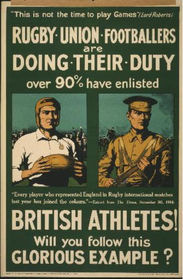 Ein Vintage-Plakat zeigt zwei Rugbyspieler und wirbt für ihren Einsatz im Dienst, wobei angegeben wird, dass über 90% der britischen Athleten eingezogen sind.