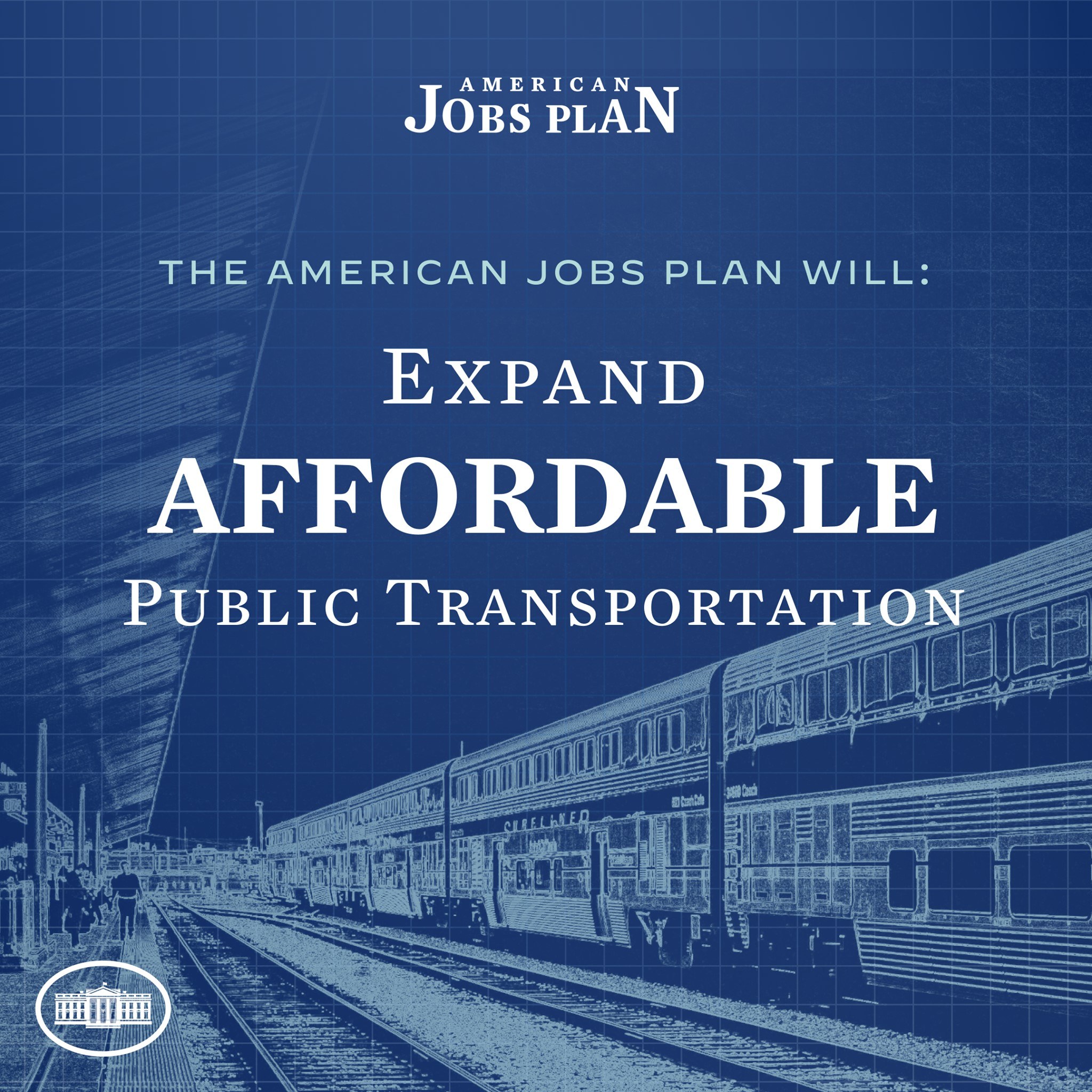 Plakat mit einem Zug auf einer Eisenbahnschiene mit ein paar Menschen in der Nähe und dem Text "The American Jobs Plan Will Expand Affordable Public Transportation".