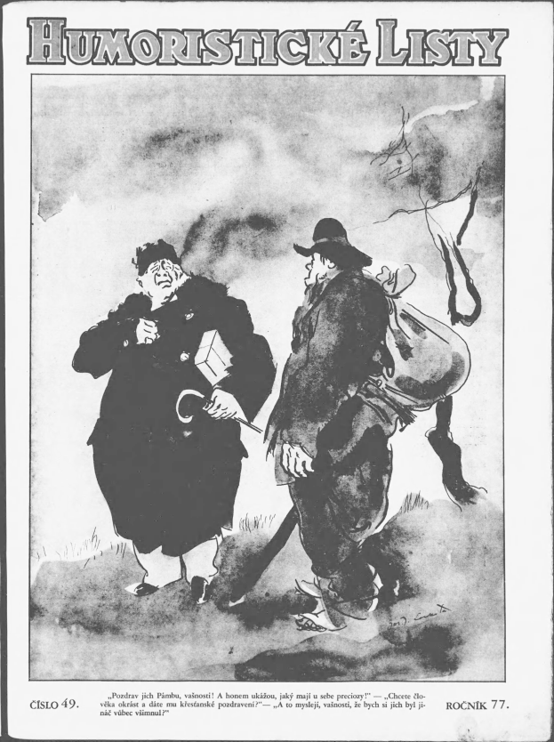 A black and white cartoon of two men standing side by side, one holding an object, with the text "Humoristic Listy" at the top and bottom.