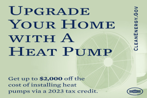 Plakat wirbt für den Austausch von Heizungen mit einem Bild einer Wärmepumpe und dem Text "Upgrade Your Home with a Heat Pump."