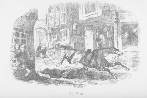 Eine Schwarz-Weiß-Zeichnung eines Pferdes, das durch eine Stadtstraße läuft, mit Menschen und Gebäuden im Hintergrund und Text unten.