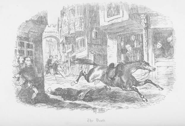 Eine Schwarz-Weiß-Zeichnung eines Pferdes, das durch eine Stadtstraße läuft, mit Menschen und Gebäuden im Hintergrund und Text unten.