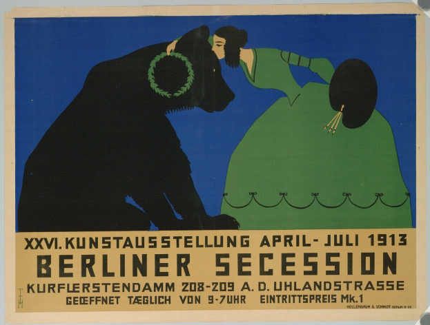 Plakat für die Berliner Secession im Jahr 1913, das eine Frau und einen Hund mit Text zeigt, der die Veranstaltung ankündigt.