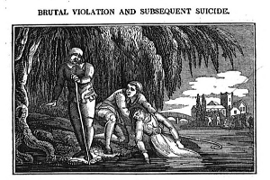 Ein Schwarz-Weiß-Bild eines Mannes, der mit einem Stock über einer Frau steht, die auf dem Boden liegt, mit Bäumen, Gebäuden und einem bewölkten Himmel im Hintergrund und dem Text "brutale Gewalt und anschließender Suizid" oben und unten.