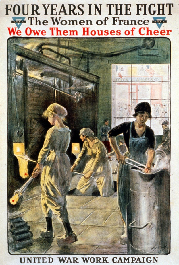 Ein Plakat zeigt vier Frauen in Arbeitskleidung, jede hält ein metallisches Objekt, mit der Aufschrift "Vier Jahre im Kampf: Die Frauen Frankreichs, denen wir Häuser der Freude schulden".