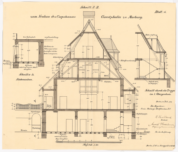 Ein detailliertes Bild des ersten Hauses in Deutschland, das ein Haus mit zahlreichen Fenstern und einem Dach zeigt, begleitet von ausführlichen Plänen und Texten, die den Aufbau des Hauses beschreiben.