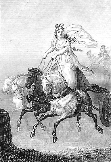 Frau auf einem Pferdewagen sitzend, mit anderen im Hintergrund auf einem Schwarz-Weiß-Bild.