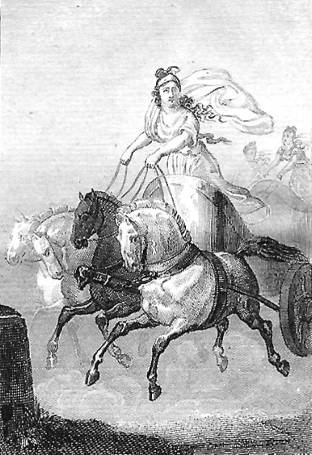 Frau auf einem Pferdewagen sitzend, mit anderen im Hintergrund auf einem Schwarz-Weiß-Bild.