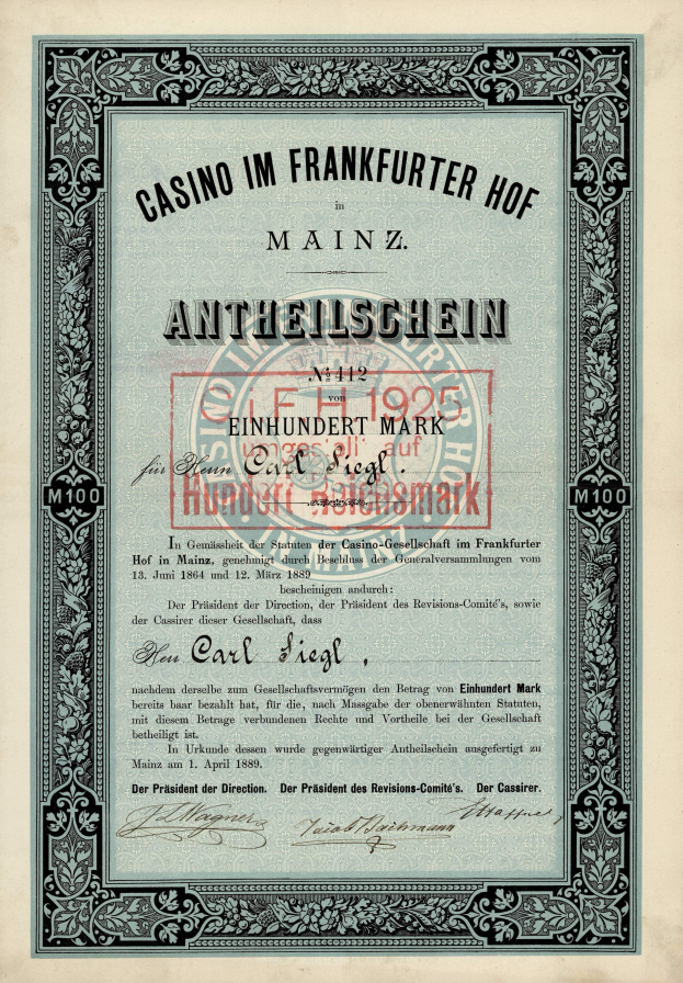 Ein altes Aktienzertifikat mit schwarzem Rand und rotem Stempel, das den Text 'Casino im Frankfurter Hof Mainz' trägt.