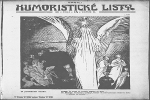 Ein Schwarz-Weiß-Plakat mit einer Gruppe von Menschen, die auf einen Vogel schauen, mit der Aufschrift "humoristische liste - april 1921" in fetter Schrift.