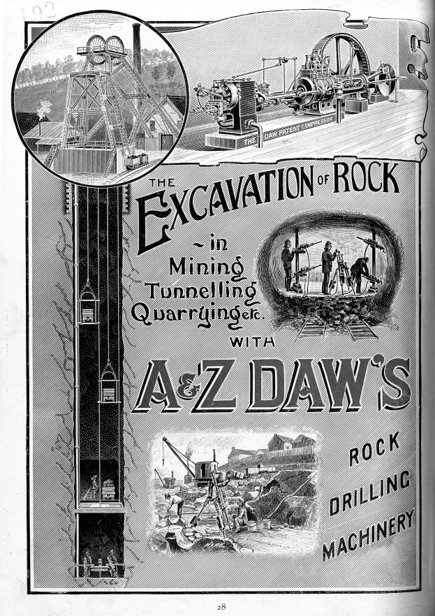 Ein altes Buch mit einem Schwarz-Weiß-Bild einer Bohrmaschine auf dem Cover, betitelt mit "Die Bergbau-Grabung".