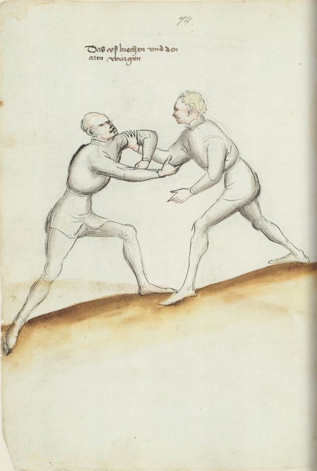 Zwei Männer in einer Schlägerei, einer wirft einen Schlag auf den anderen, auf einem Blatt mit Text.