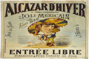 Ein Plakat, das ein mexikanisches Konzert mit einem Mann in einem Hut ankündigt, mit Text, der das Ereignis beschreibt.