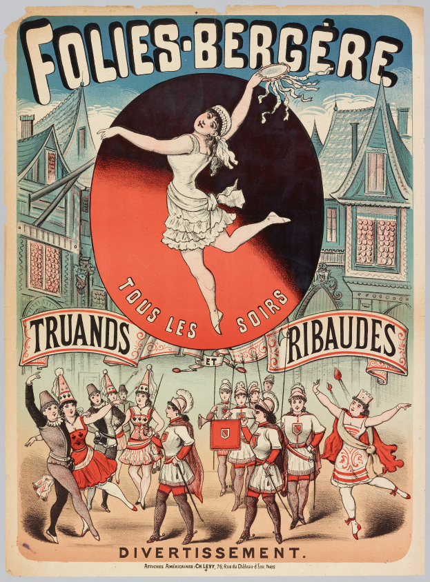 Ein Plakat, das ein Tanzshow in Paris ankündigt, mit einer Gruppe von Menschen im Vordergrund, die tanzen, und Gebäuden im Hintergrund sowie Text, der die Show beschreibt.