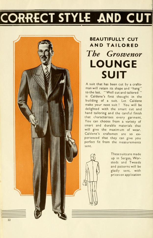 Mann in einem maßgeschneiderten Anzug und Krawatte, der selbstbewusst vor einer Zeitschriftwerbung steht.