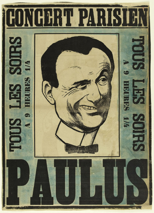 Konzertplakat in Paris mit einem Porträt von Paulus und Text mit Veranstaltungseinzelheiten.