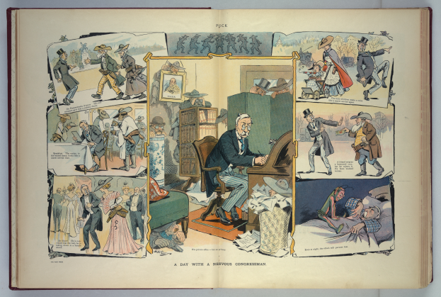 Ein aufgeschlagenes Buch mit einer bunten Cartoon-Zeichnung eines Mannes in Anzug und Krawatte, der Klavier spielt und von lachenden Menschen umgeben ist.