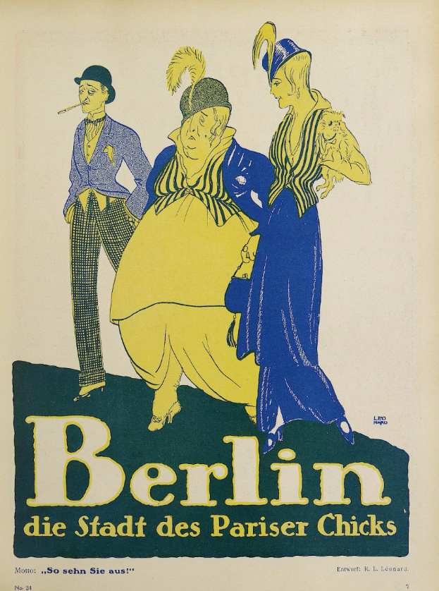 Ein Plakat für ein Konzert in Berlin, Deutschland, mit einer Gruppe farbenfroher Menschen vor einem Gebäude und dem Text "Berlin - Die Stadt des Pariser Chicks" öberall.