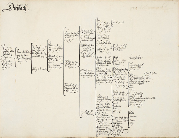 Offenes Buch mit handgeschriebenem genealogischen Stammbaum, der die Abstammung einer deutschen Familie zeigt.