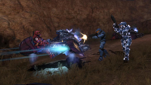 Eine animierte Abbildung mehrerer Superhelden, die Waffen abfeuern, mit Gras unten, einem Baum im Hintergrund, einer Person in einem Fahrzeug auf der linken Seite und einem Licht in der Mitte.