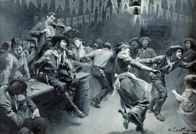 Ein Schwarz-Weiß-Gemälde von Menschen, die in einem Raum tanzen, einige sitzen, einige stehen, mit einem Tisch, einem Fass und einer hängenden Lampe, watermark 'A.C. Castaigne - Der Tanz der Toten' in der rechten unteren Ecke.