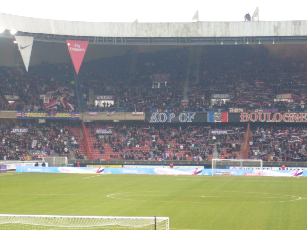 Ein Rasenplatz mit Torpfosten auf beiden Seiten, voller Zuschauer im Hintergrund und zahlreichen Werbetafeln in der Mitte und oben.