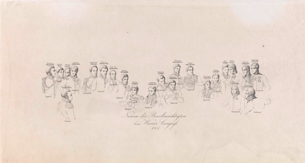 Eine Zeichnung von Personen in Militäruniformen mit einer Liste von Namen des Deutschen Reichs auf einem Stück Papier.