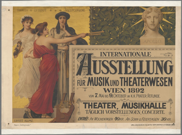Ein Vintage-Plakat für ein Ereignis in Wien, Österreich, das eine Gruppe von Menschen in einem Kreis mit einer Frau in der Mitte, die ein Musikinstrument hält, und Text mit Ereignisdetails zeigt.