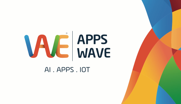 Buntes Design mit den Wörtern "AI, Apps, IoT" auf einem weißen Hintergrund.