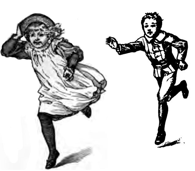 Eine schwarz-weiße Zeichnung eines Jungen in einem blauen Hemd und Shorts und eines Mädchens in unbekannter Kleidung, die Seite an Seite mit entschlossener Miene laufen.