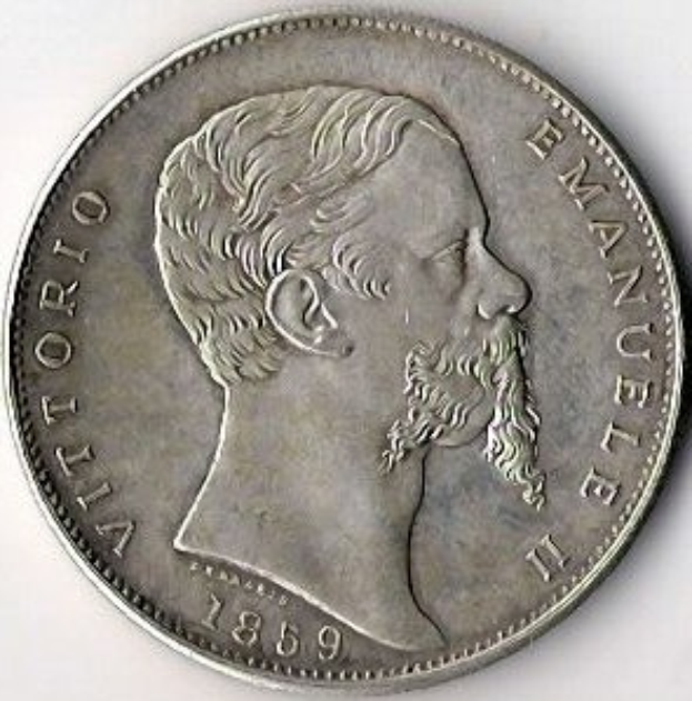 Silbermünze aus Italien, 1859, mit dem Kopf eines bärtigen Mannes und der Aufschrift "Vittorio Emanuele II" auf einem weißen Hintergrund.