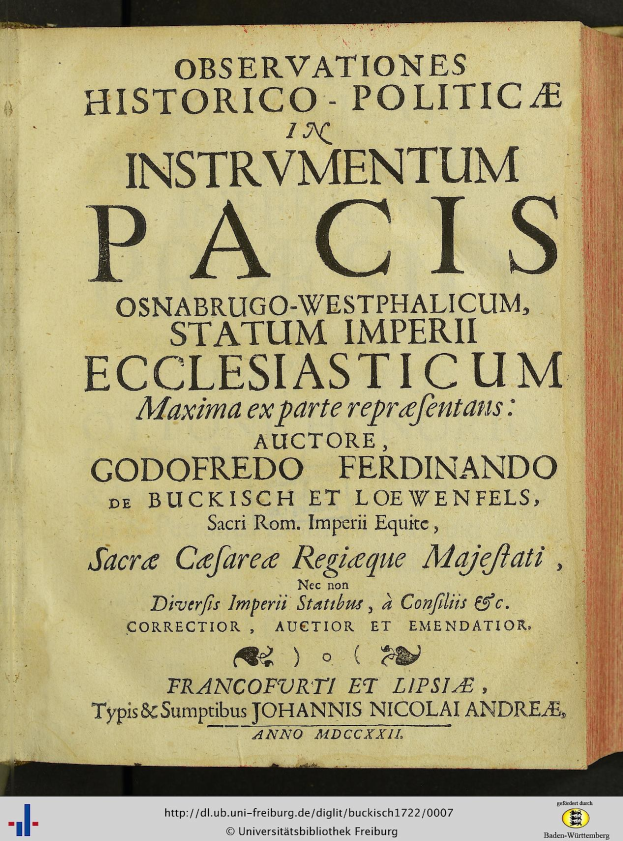 Altes Buch mit dem Titel "Beobachtungen Historico-Politica in Instrumentum Pacis" geöffnet auf einer Seite mit schwarzer Tinte und einem dekorativen Rahmen.