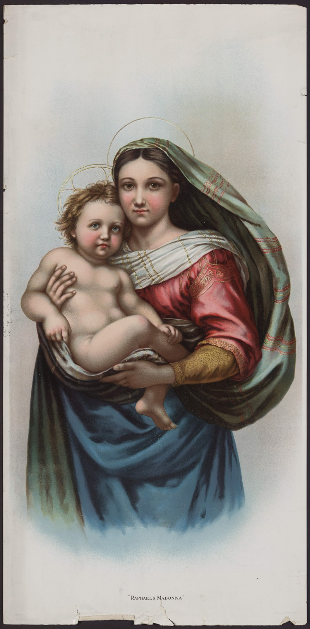 Eine Frau in einem roten und blauen Kleid hält ein Baby im Arm, ihre Augen sind geschlossen und ihre Lippen leicht geöffnet, mit ihrem Haar zurückgebunden.