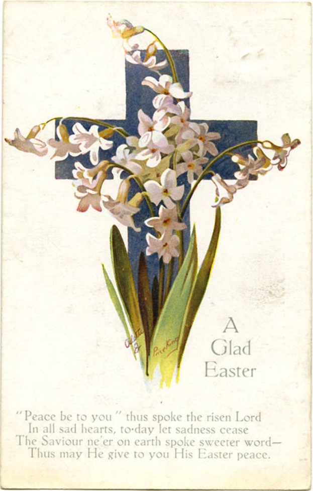 Alte Postkarte mit einem blumengeschmückten Kreuz mit Rosen, Gänseblümchen und Lilien, umgeben von grünen Blättern, und der Inschrift "Ein frohes Ostern".