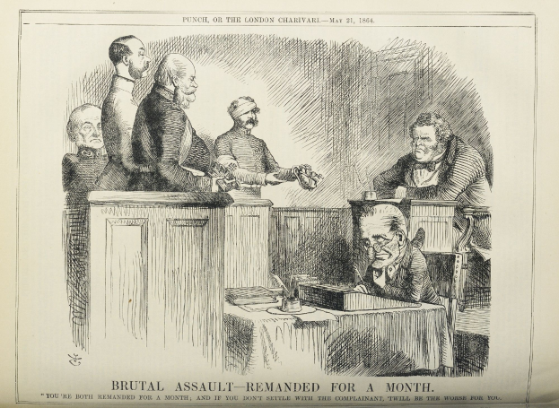 Eine Zeichnung einer Gruppe von Menschen, die um einen Tisch mit Büchern und Gegenständen sitzen, und ein Text unten mit der Aufschrift "brutaler Angriff - vorläufig festgenommen".