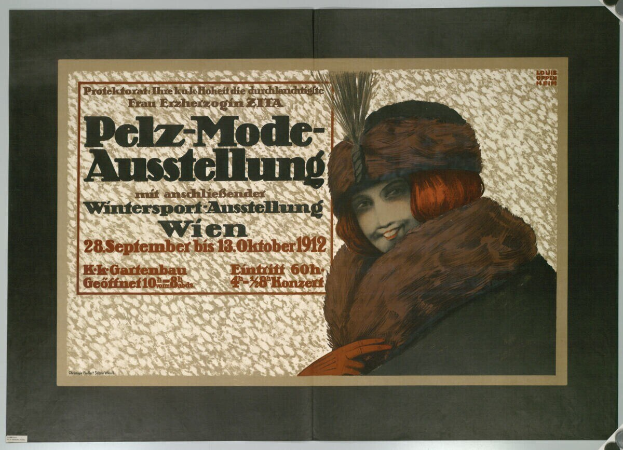 Ein Plakat, das ein Wintersportevent in Wien, Österreich, ankündigt, mit einer lachenden Frau in einem Pelzmantel und Hut sowie Eventdetails.