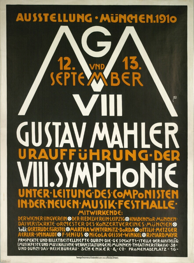 Ein Plakat für Gustav Mahlers sinfonisches Konzert in München, Deutschland, mit darauf geschriebenem Text.