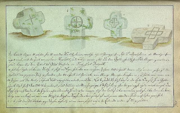 Alter, gelblicher Brief einer deutschen Familie an ihre Eltern aus dem Jahr 1823 mit einer keltischen Zeichnung von drei Kreuzen in sauberer Handschrift.