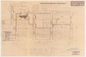 Ein detaillierter architektonischer Grundriss des Rosenhof-Krankenhauses in Hamburg, Deutschland, der den Aufbau des Gebäudes mit zahlreichen Drähten und Texten zeigt, die Räume, Flure und andere Merkmale beschreiben.