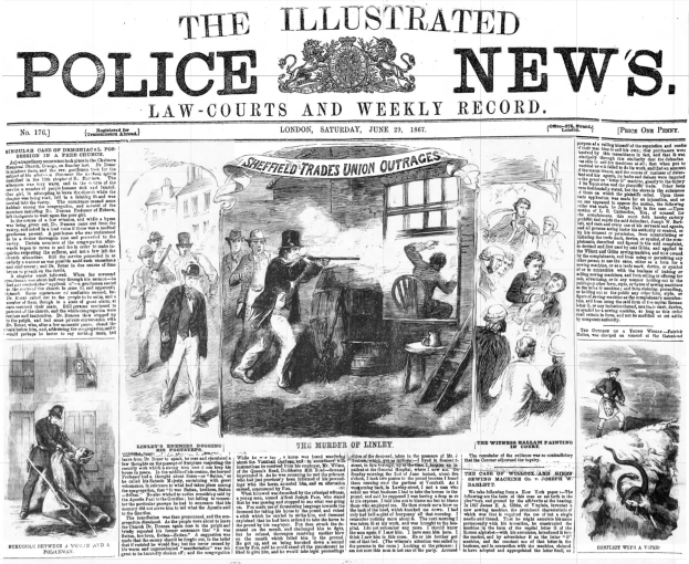 Titelseite der illustrierten Polizeinachrichten von 1867, die eine zentrale Schwarz-Weiß-Illustration einer Gruppe von Menschen zeigt, mit dem Text "Polizeinachrichten" und einem Logo oben.