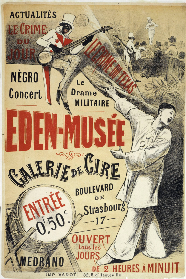 Plakat für das Eden-Museum Galerie de Cire in Straßburg, Frankreich, das eine Person zeigt, die ein Musikinstrument spielt, umgeben von anderen Musikern, die verschiedene Instrumente spielen, mit Text, der eventuelle Informationen enthält.