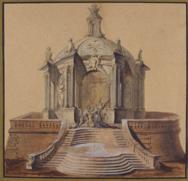 Ein gerahmtes Bild einer klassisch anmutenden Brunnenzeichnung mit einer Statue darauf, umgeben von Treppen und Skulpturen.