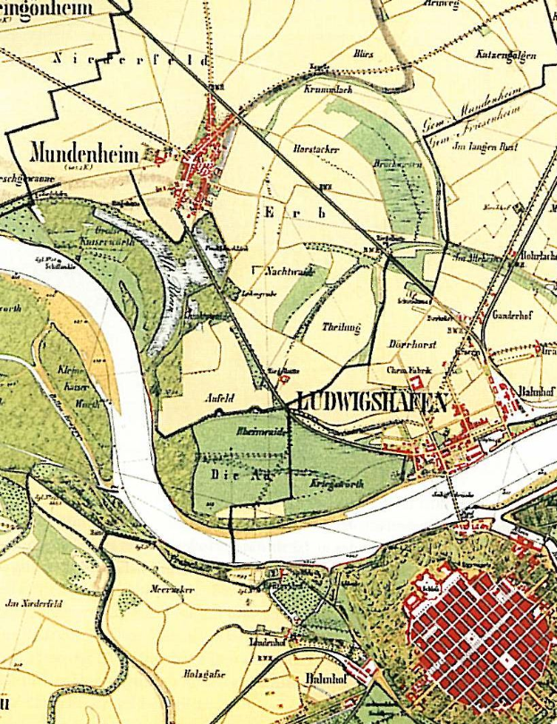 Ein detaillierter alter Stadtplan von Ludwigschaften, Deutschland, der Straßen, Gebäude und Sehenswürdigkeiten mit Text zeigt, der den Standort der Stadt angibt.