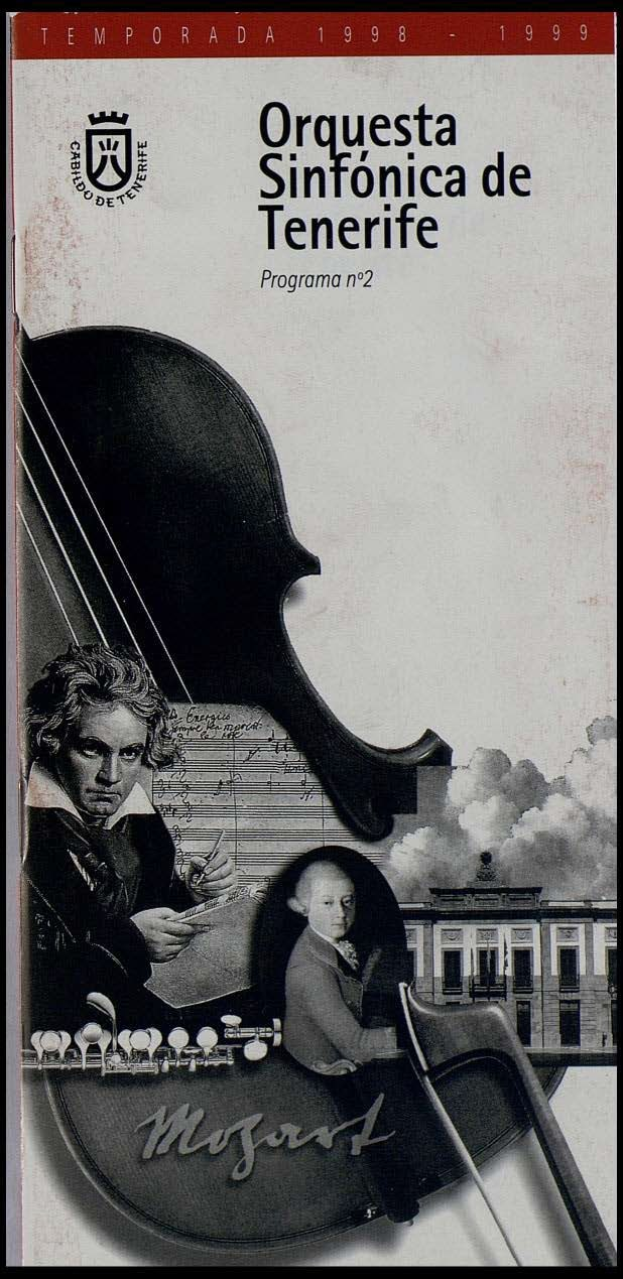 Plakat für das zweite Programm der Sinfonieorchester Teneriffa, das Mozarts Symphonie Nr. 2 in D-Moll, Op. 63, mit zwei Geigerinnen im Vordergrund und einem Gebäude im Hintergrund zeigt.