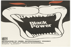 Ein Plakat mit einem Black-Power-Logo, einem schwarzen Kreis mit weißer Umrandung und einem weißen Buchstaben "P" in der Mitte sowie fetter Schrift, die "Rache für Verbrechen, revolutionäre Gewalt" ruft, zentral platziert und aufruft, gegen rassistische Ungerechtigkeit und Gewalt zu handeln.